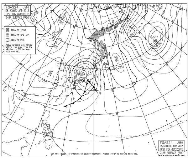 ６日午後９時の予想天気図