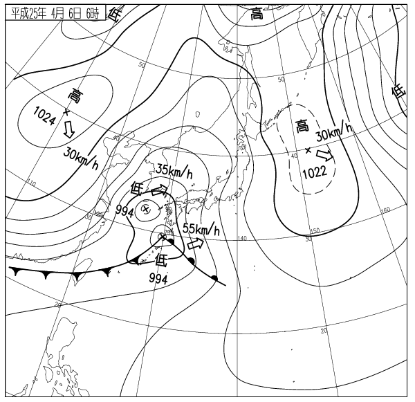 ６日午前６時の地上天気図